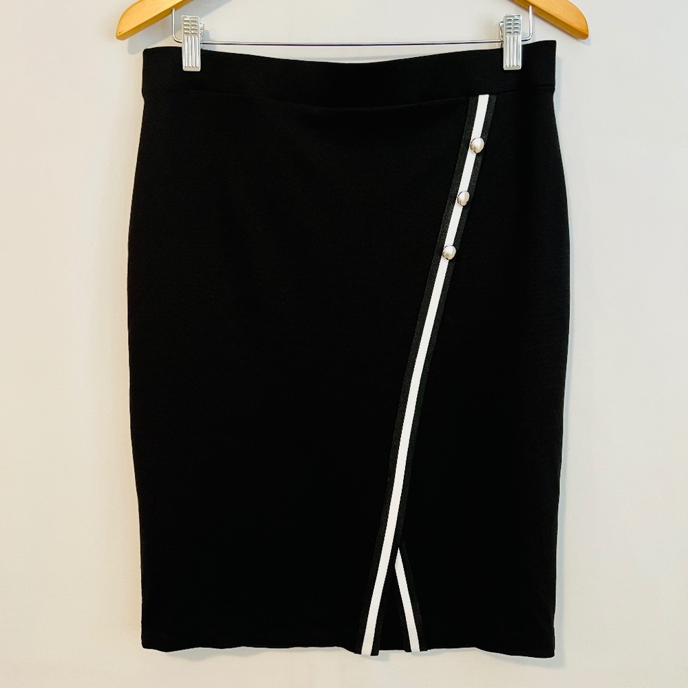 Melanie Lyne Ponte Pencil Skirt Stretch Black with Buttons Women's Size 12 - Picture 4 of 9